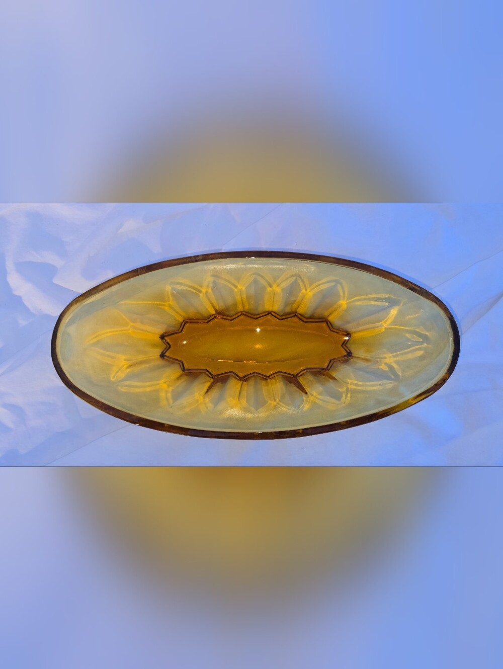 Vintage Amber Glass Oval Serving Bowl Sunburst Pattern Dish